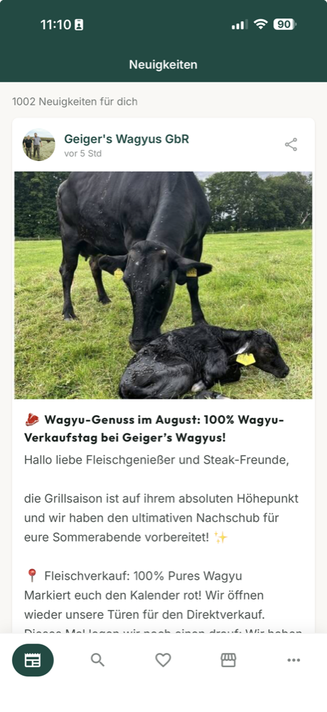 Neuigkeiten-Bereich der Bauerndiele-App mit einem Beitrag eines Wagyu-Hofs