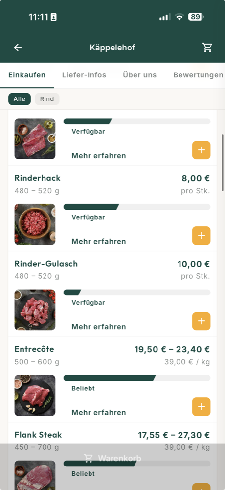Angebot des Käppelehofs in der Bauerndiele-App: Rinderhack, Gulasch, Entrecôte und Flank Steak
