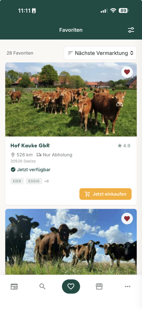Favoriten in der Bauerndiele-App mit gemerkten Höfen